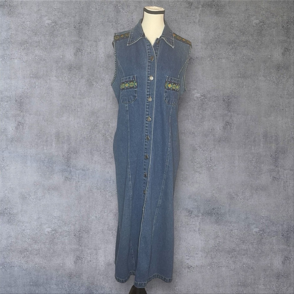 Vintage Contact Jeans Denim Jumper Dress Embroidered Aztec‎ Trim Womens L  Retro